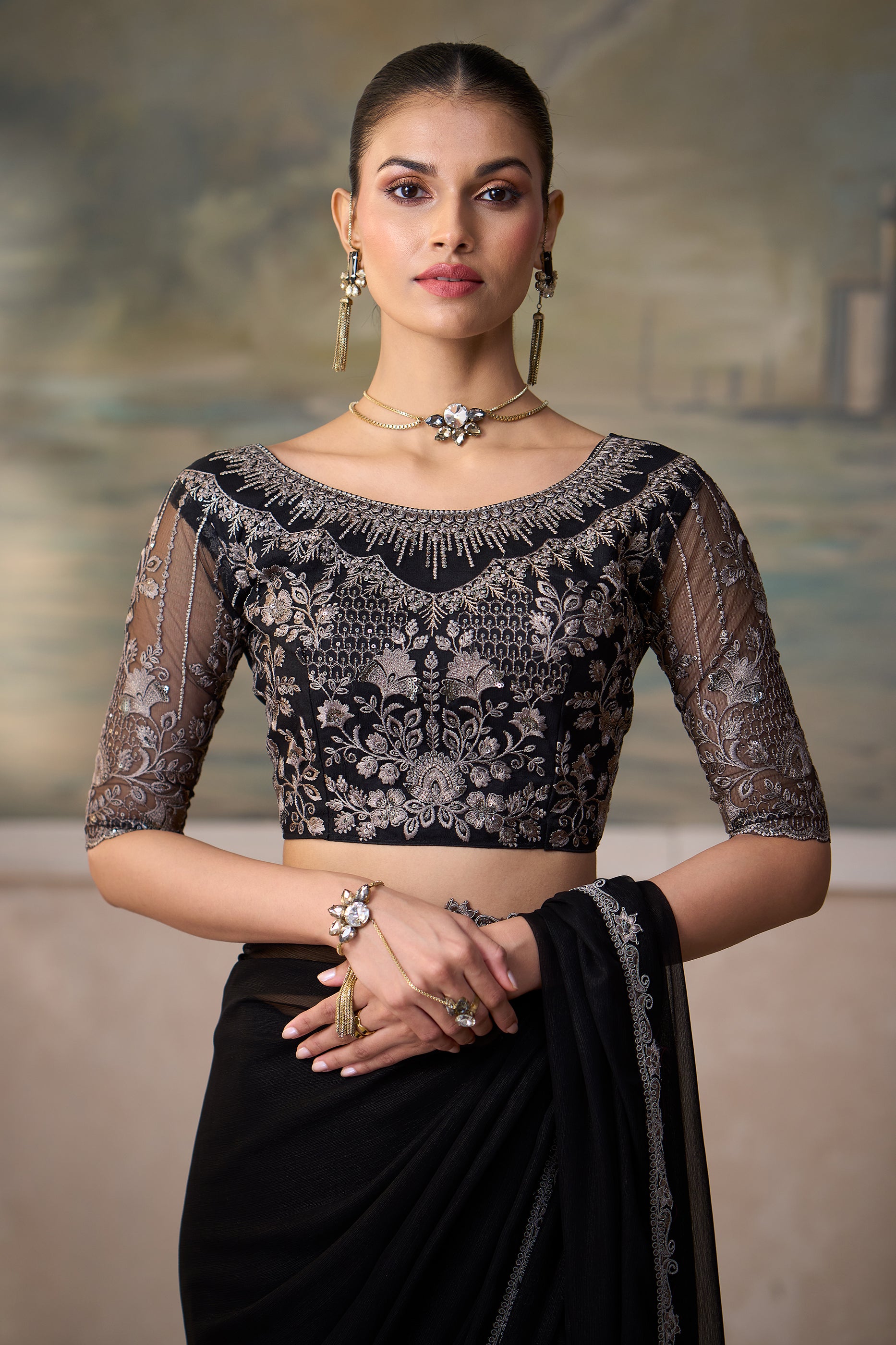 Jet Black Embroidered Chiffon Saree-SAR13184_3_SareeButa.com