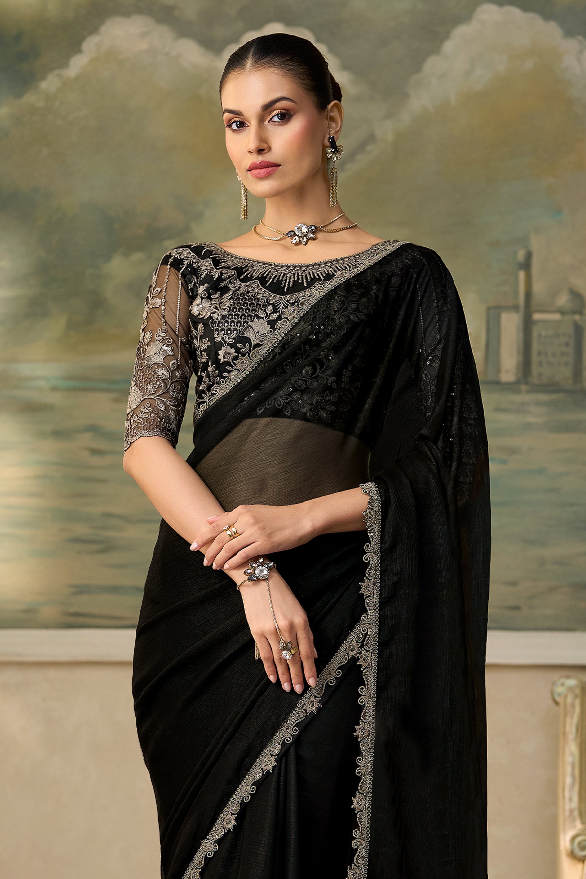 Jet Black Embroidered Chiffon Saree-SAR13184_5_SareeButa.com