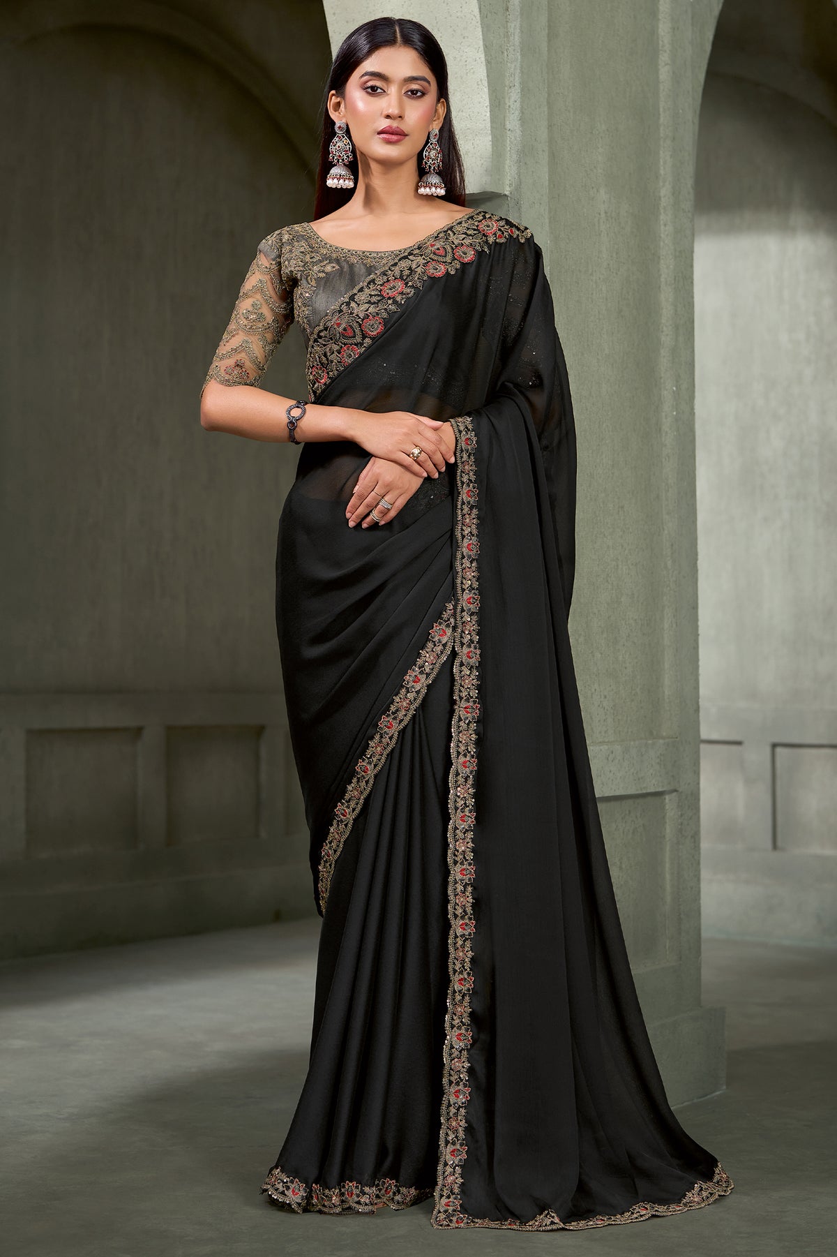Jet Black Embroidered Chiffon Saree-SAR13293_1_SareeButa.com