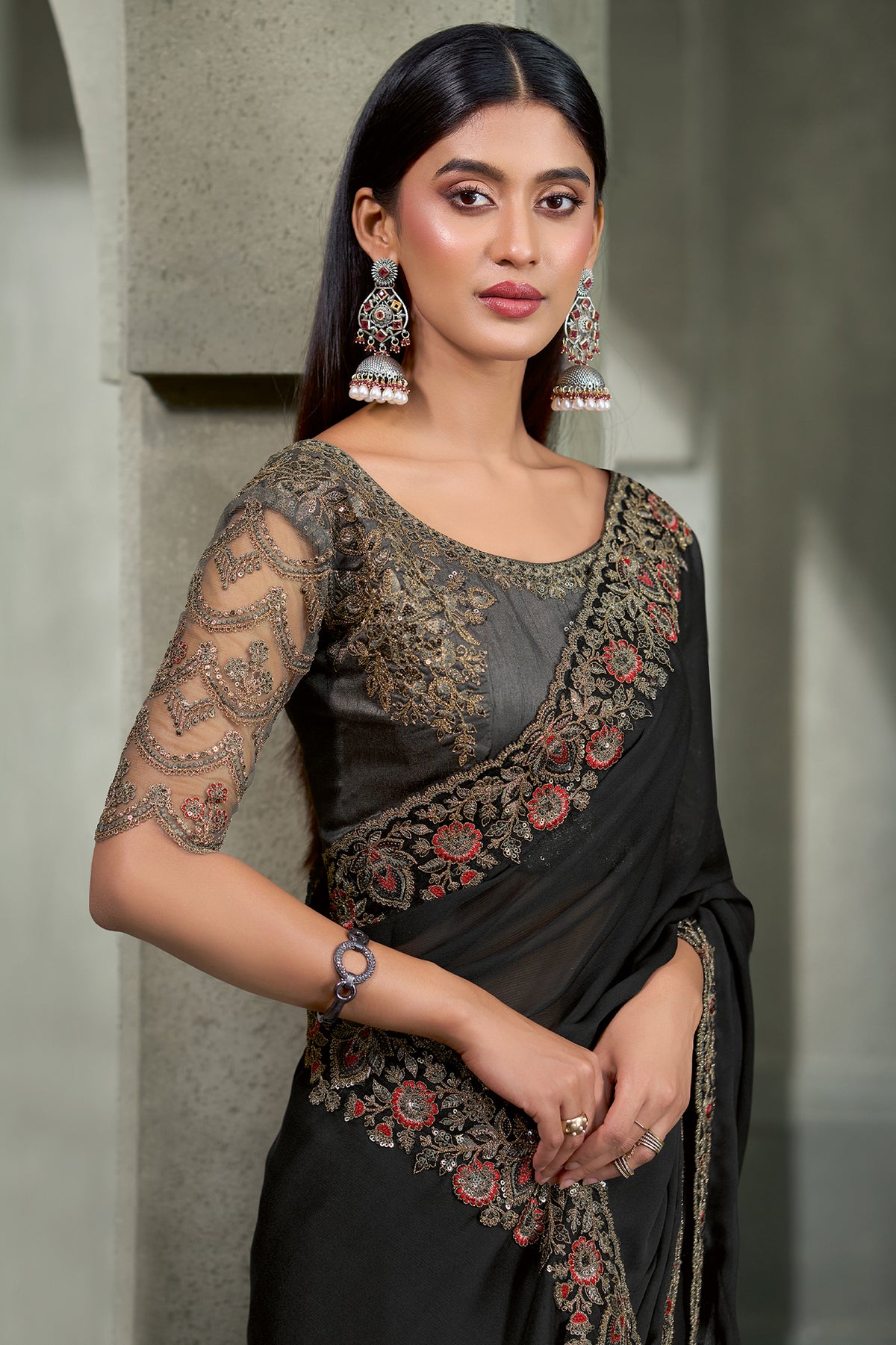 Jet Black Embroidered Chiffon Saree-SAR13293_2_SareeButa.com