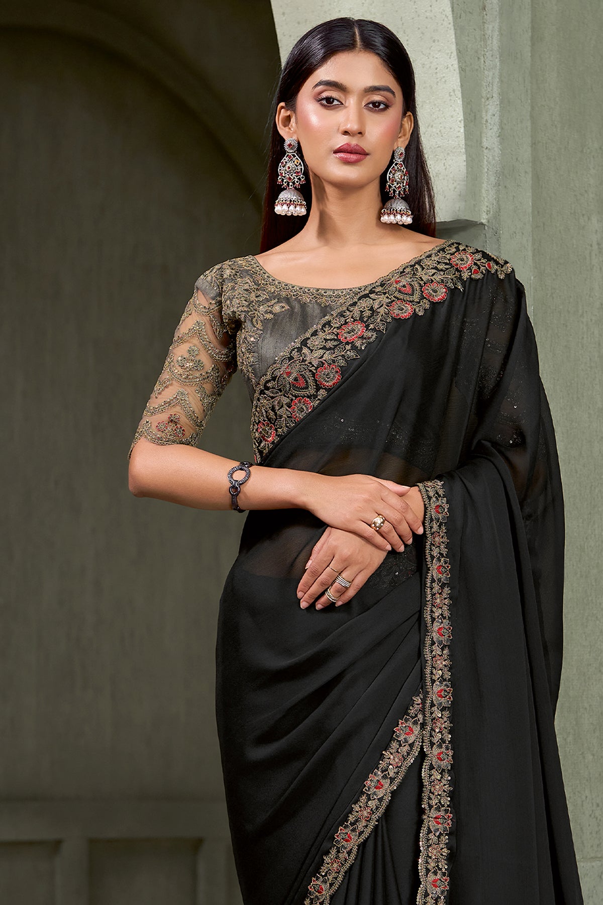 Jet Black Embroidered Chiffon Saree-SAR13293_3_SareeButa.com