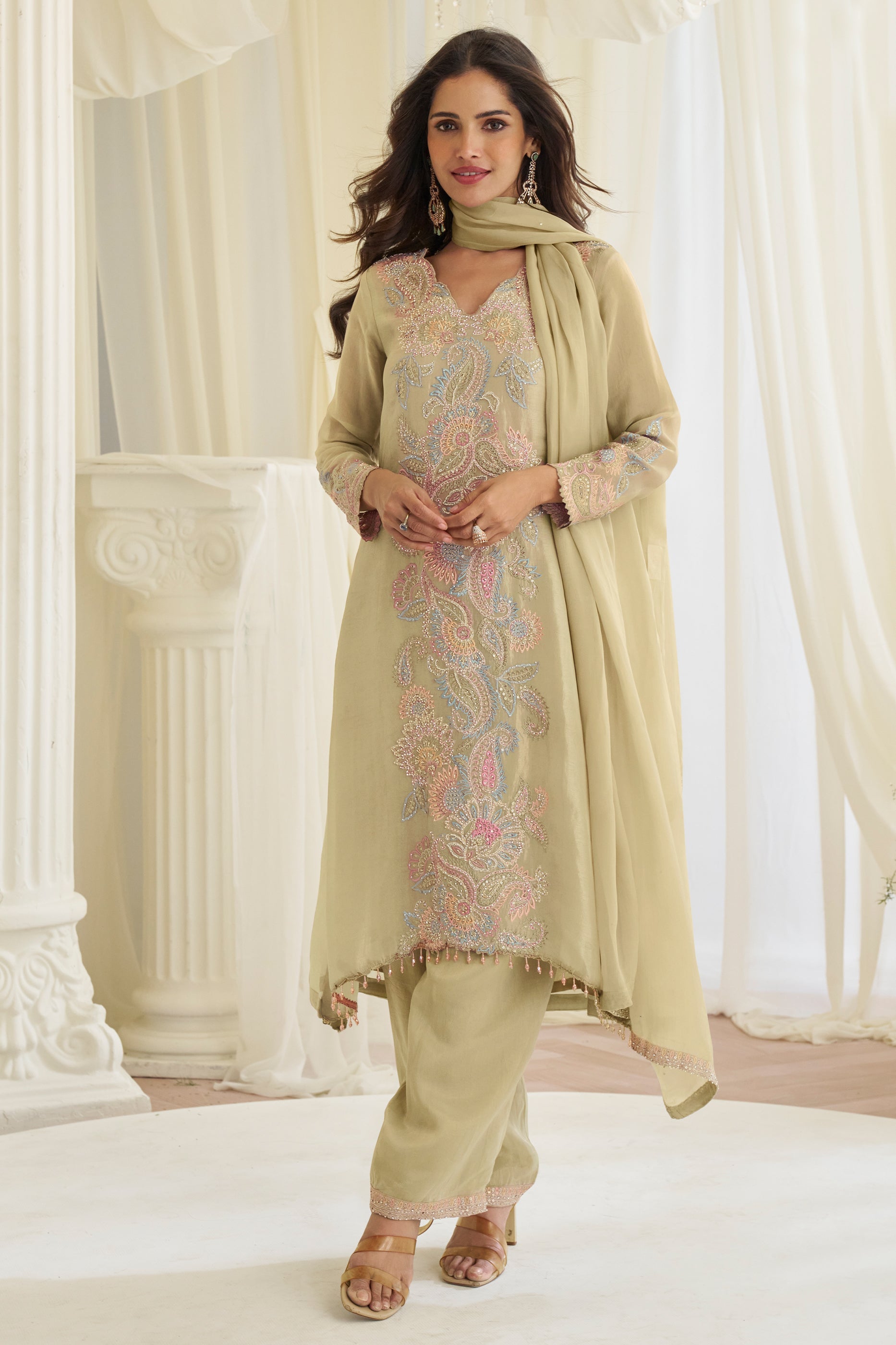 Khakhi Beige Readymade Embroidered Silk Suit-SAR11983_1_SareeButa.com