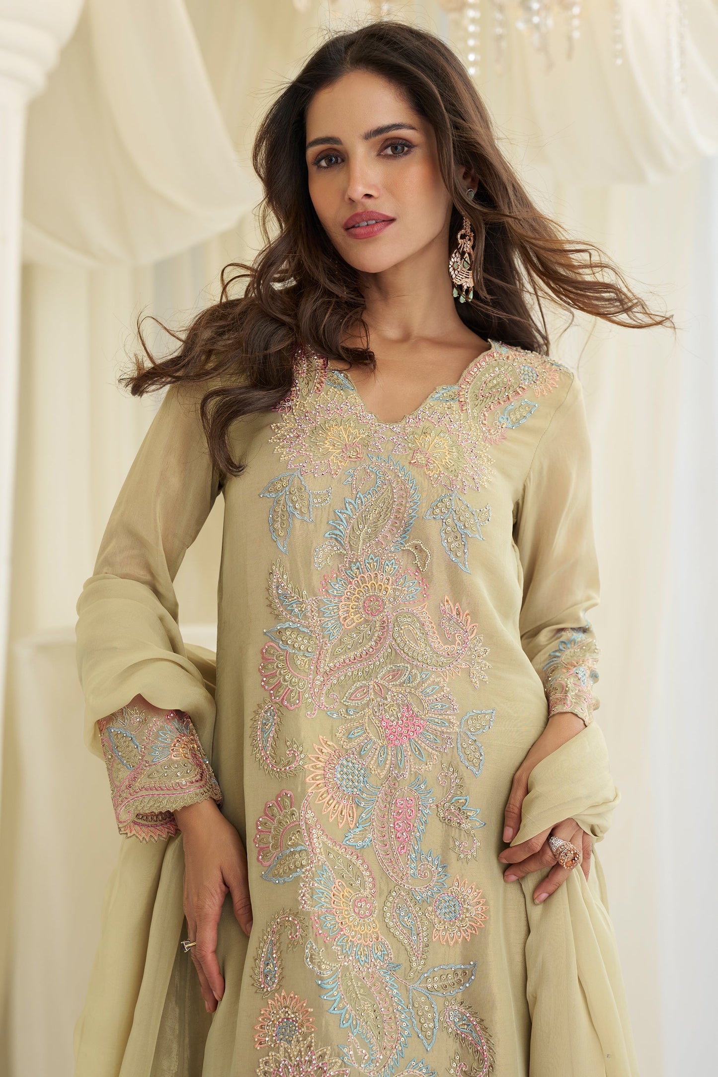 Khakhi Beige Readymade Embroidered Silk Suit-SAR11983_3_SareeButa.com