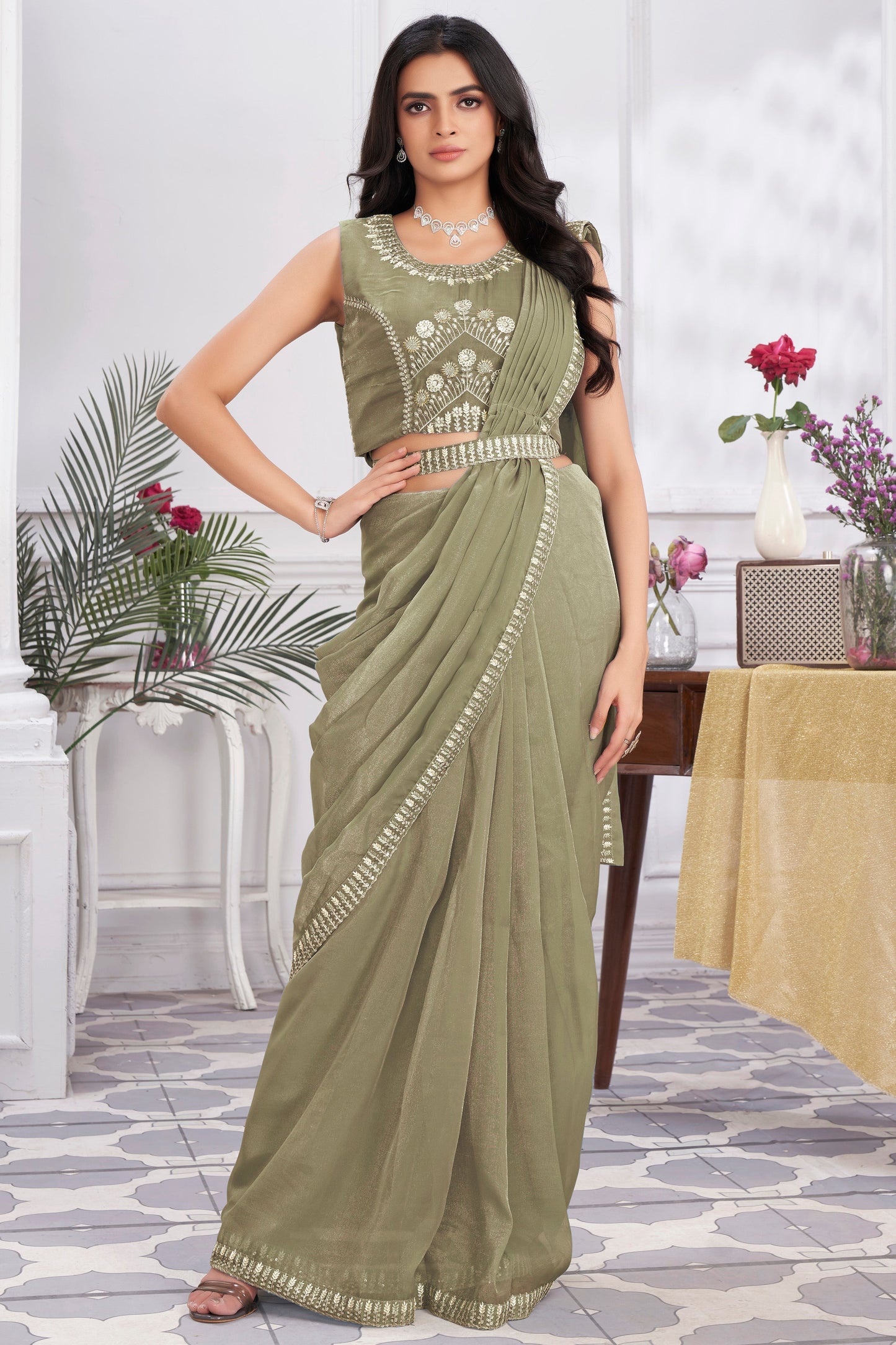 Khaki Green Georgette Readymade Saree With Stitched Blouse-ZB133698_1_SareeButa.com