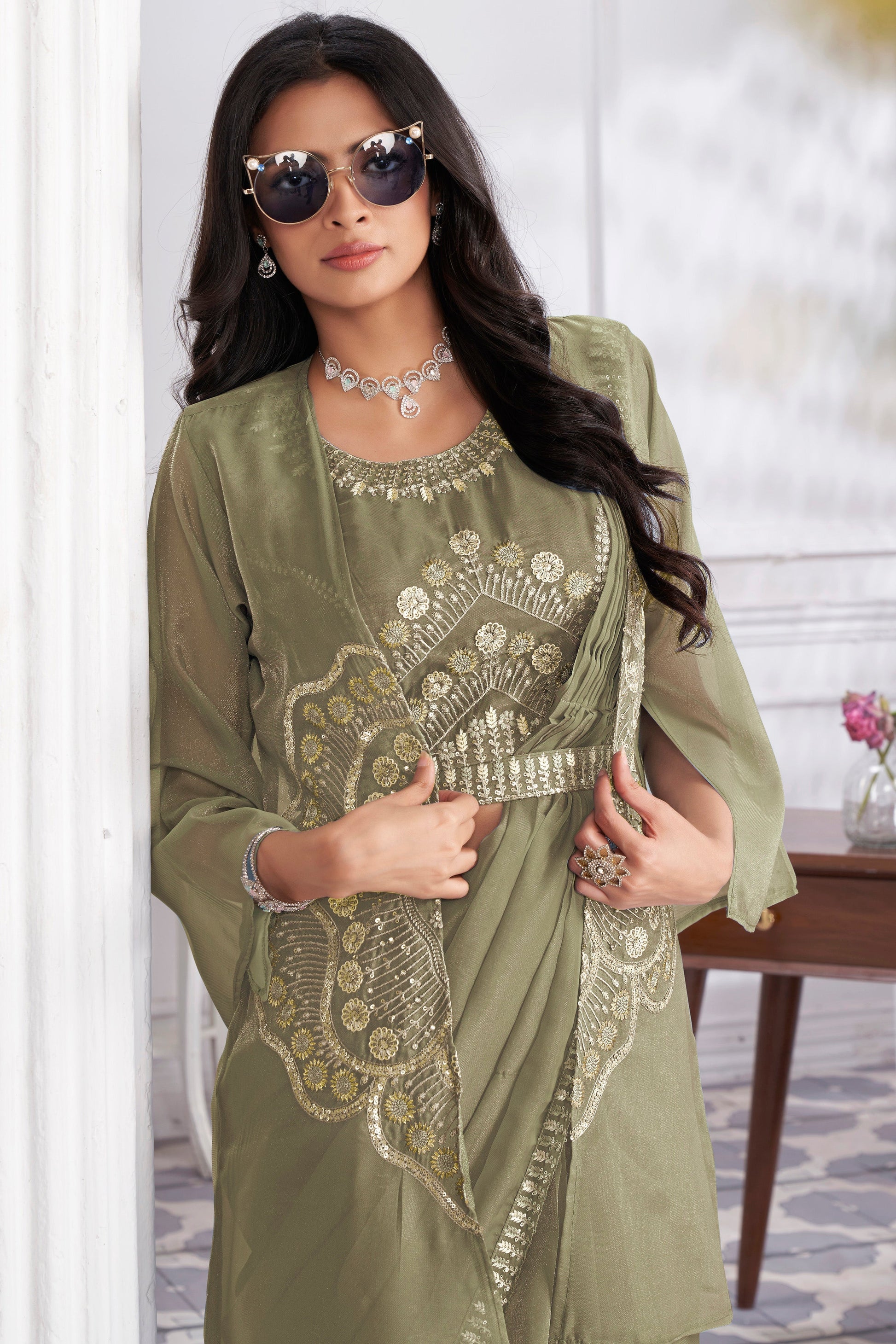 Khaki Green Georgette Readymade Saree With Stitched Blouse-ZB133698_3_SareeButa.com