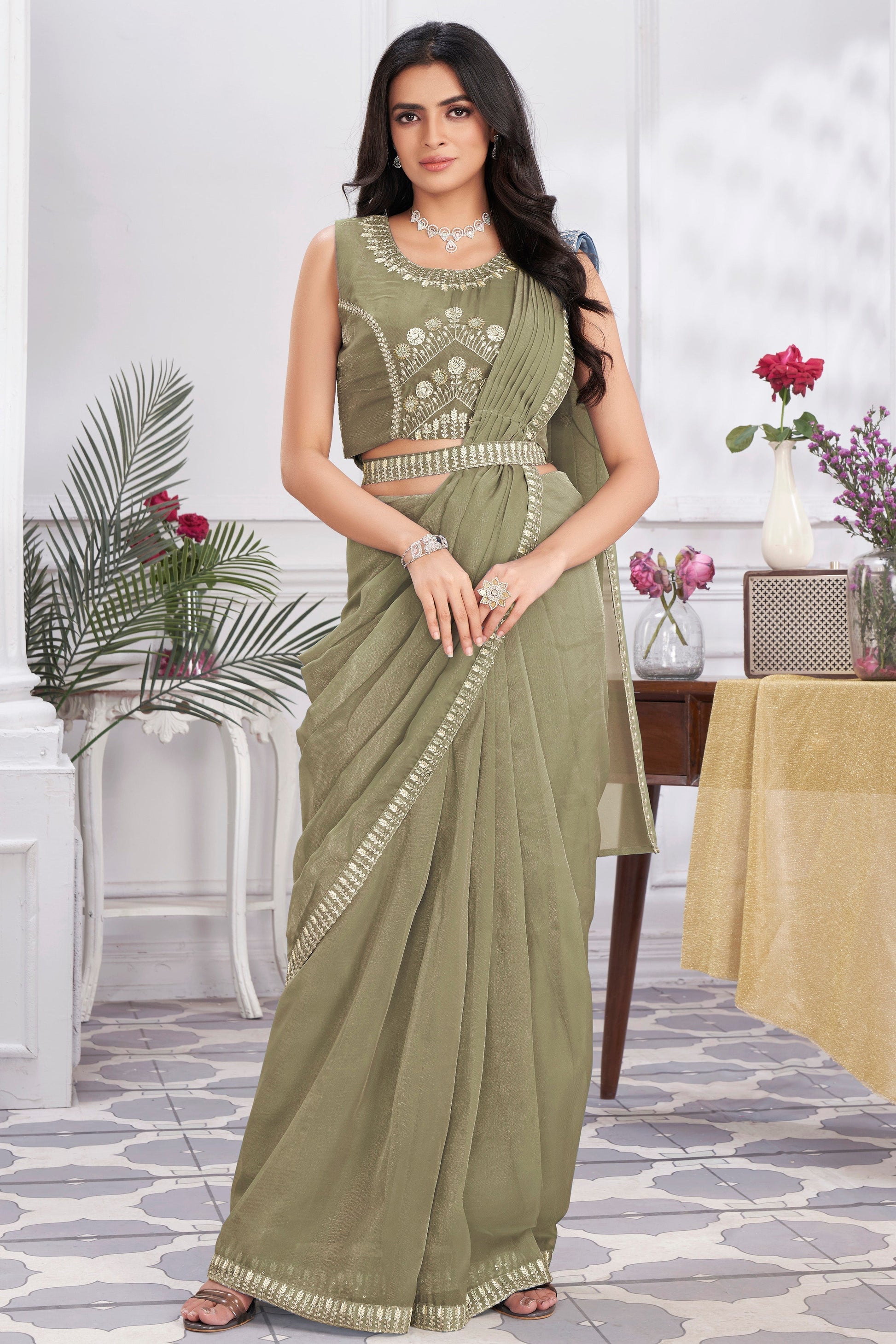 Khaki Green Georgette Readymade Saree With Stitched Blouse-ZB133698_4_SareeButa.com