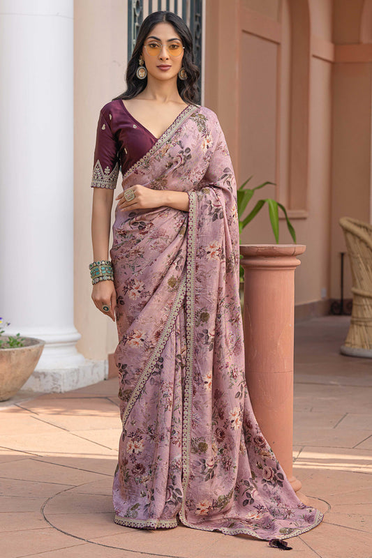 Lavender Printed Viscose Silk Saree with Lace Border-ZB134628_1_SareeButa.com