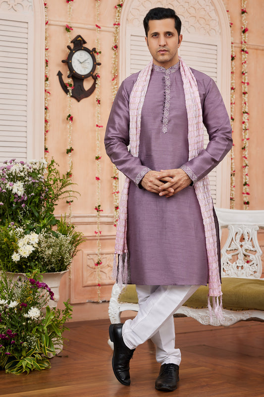 Lavender Banarasi Silk Kurta Pajama-SAR11400_1_SareeButa.com