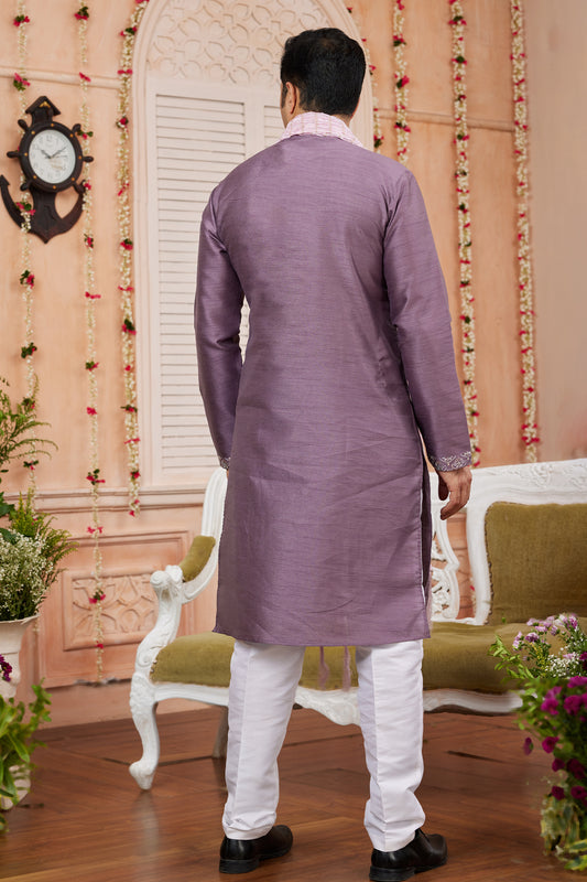 Lavender Banarasi Silk Kurta Pajama-SAR11400_2_SareeButa.com