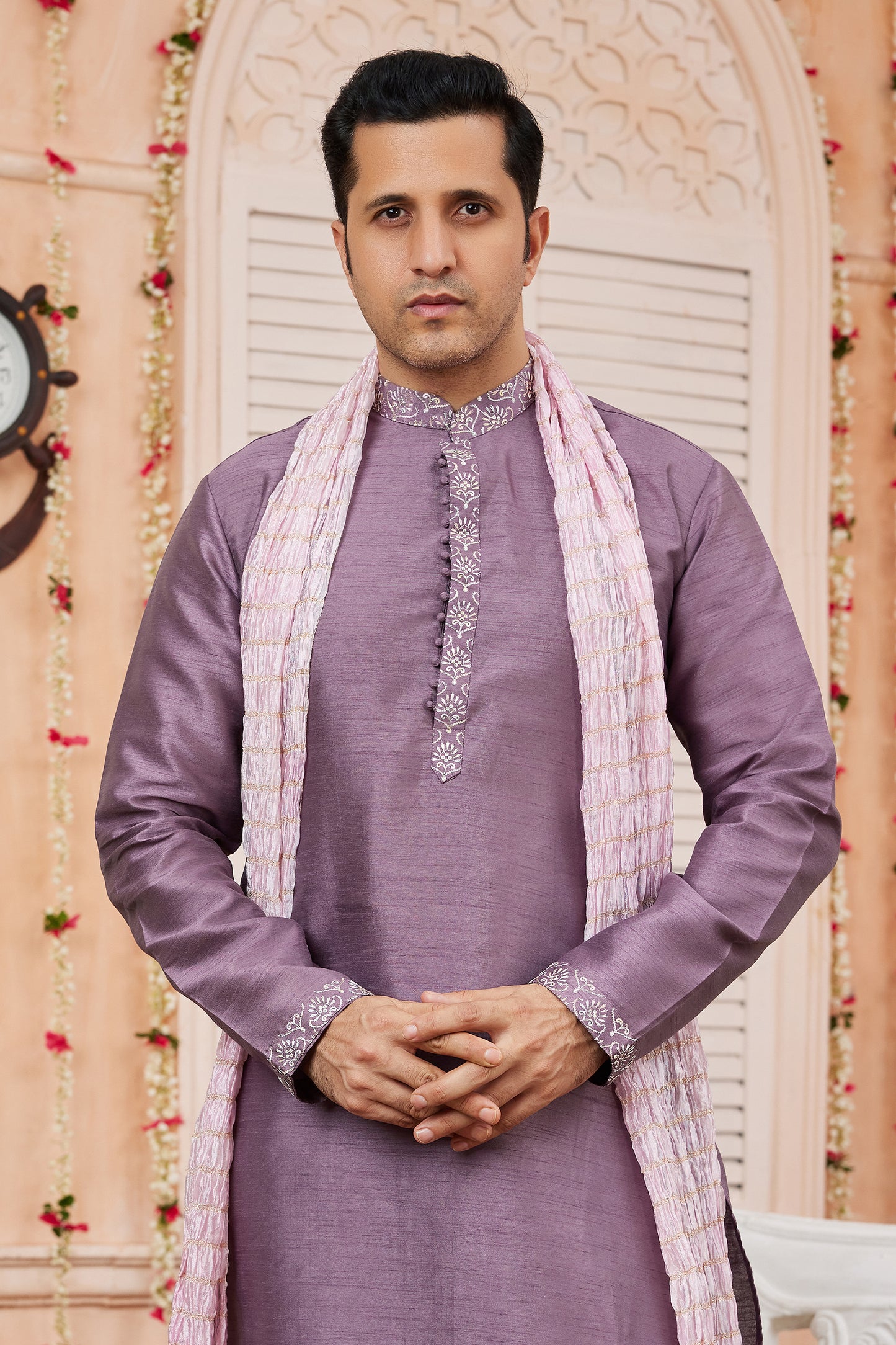 Lavender Banarasi Silk Kurta Pajama-SAR11400_3_SareeButa.com