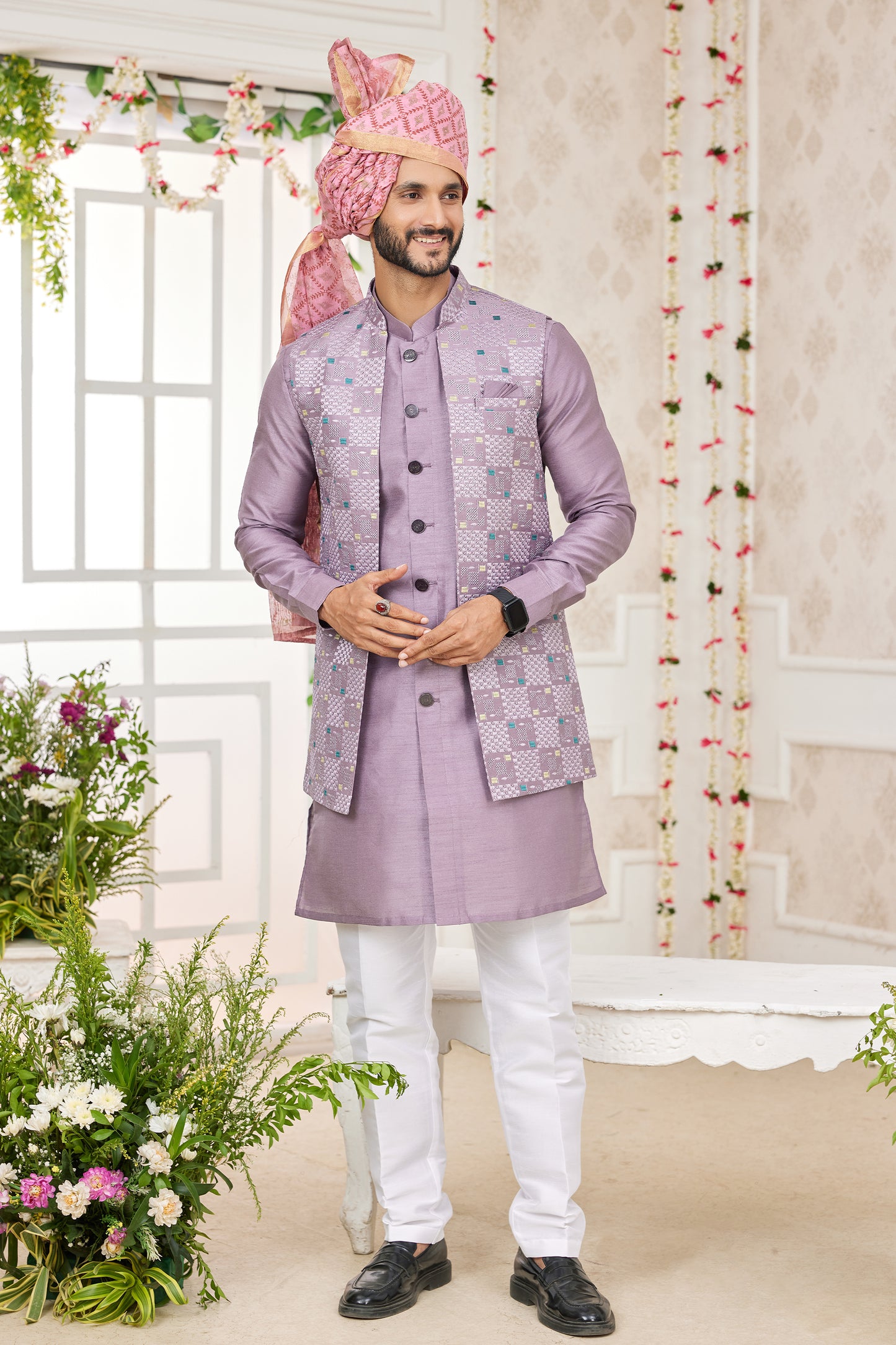 Lavender Banarasi Silk Kurta Pajama With Jacket-SAR11404_1_SareeButa.com