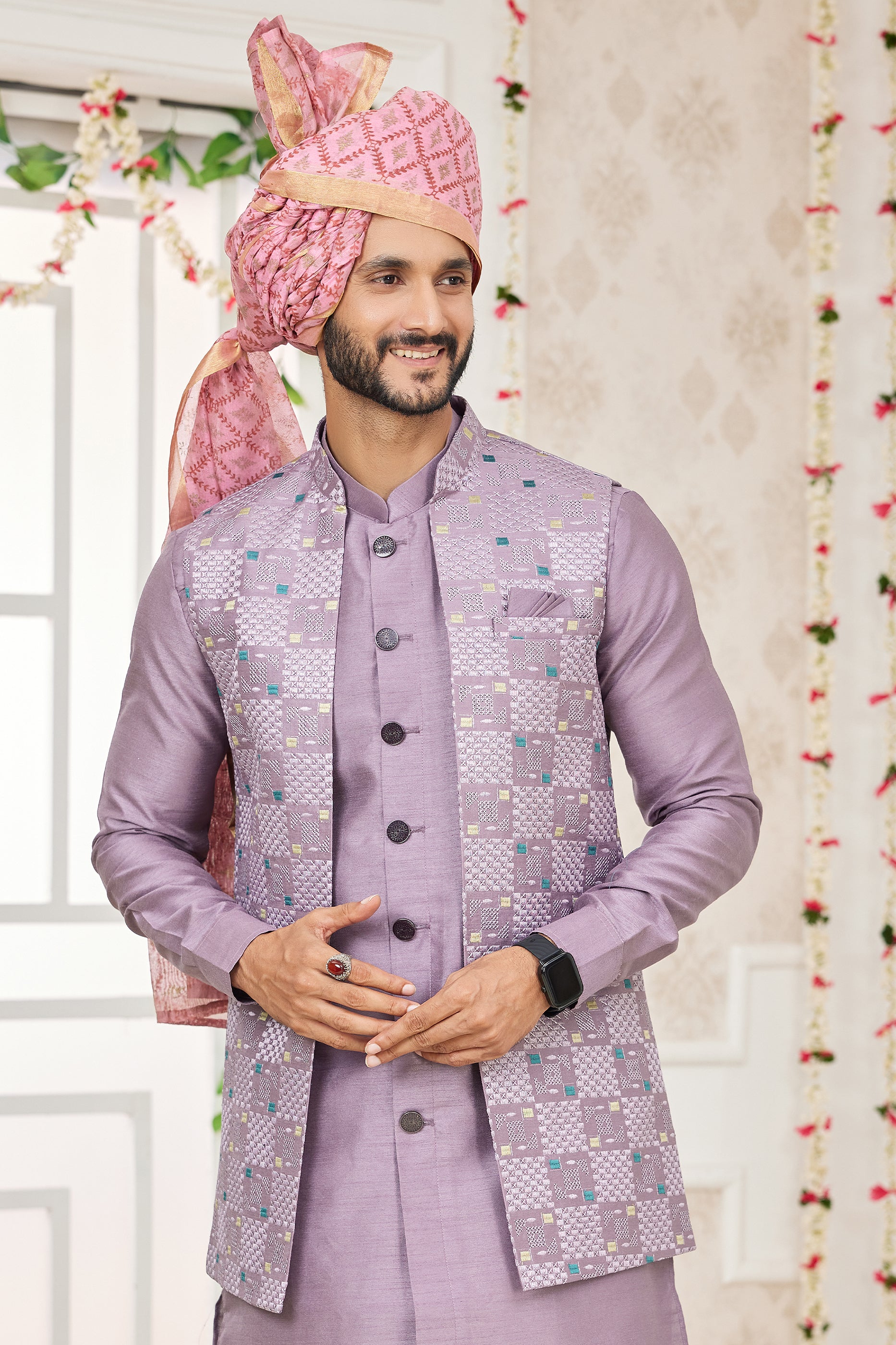 Lavender Banarasi Silk Kurta Pajama With Jacket-SAR11404_3_SareeButa.com