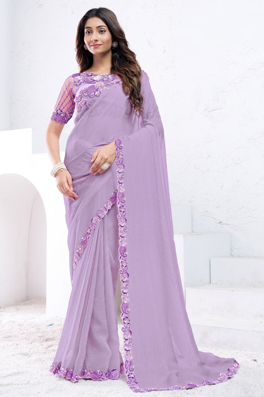 Lavender Embroidered Crepe Silk Saree