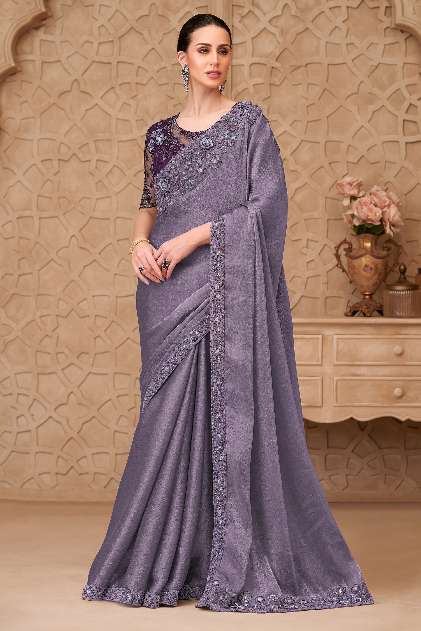 Lavender Embroidered Crush Satin Georgette Saree-SAR12463_1_SareeButa.com