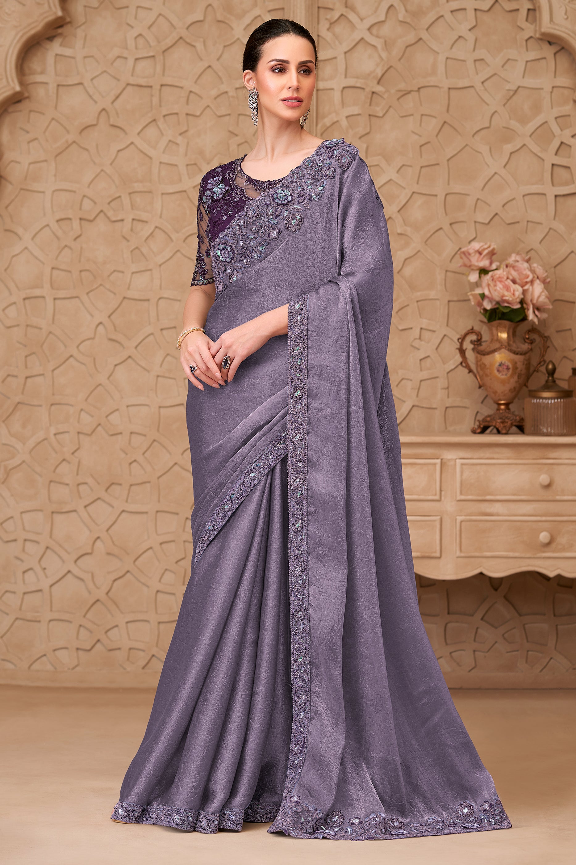 Lavender Embroidered Crush Satin Georgette Saree-SAR12463_1_SareeButa.com
