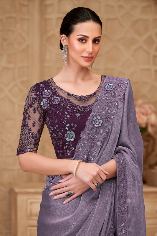 Lavender Embroidered Crush Satin Georgette Saree-SAR12463_2_SareeButa.com