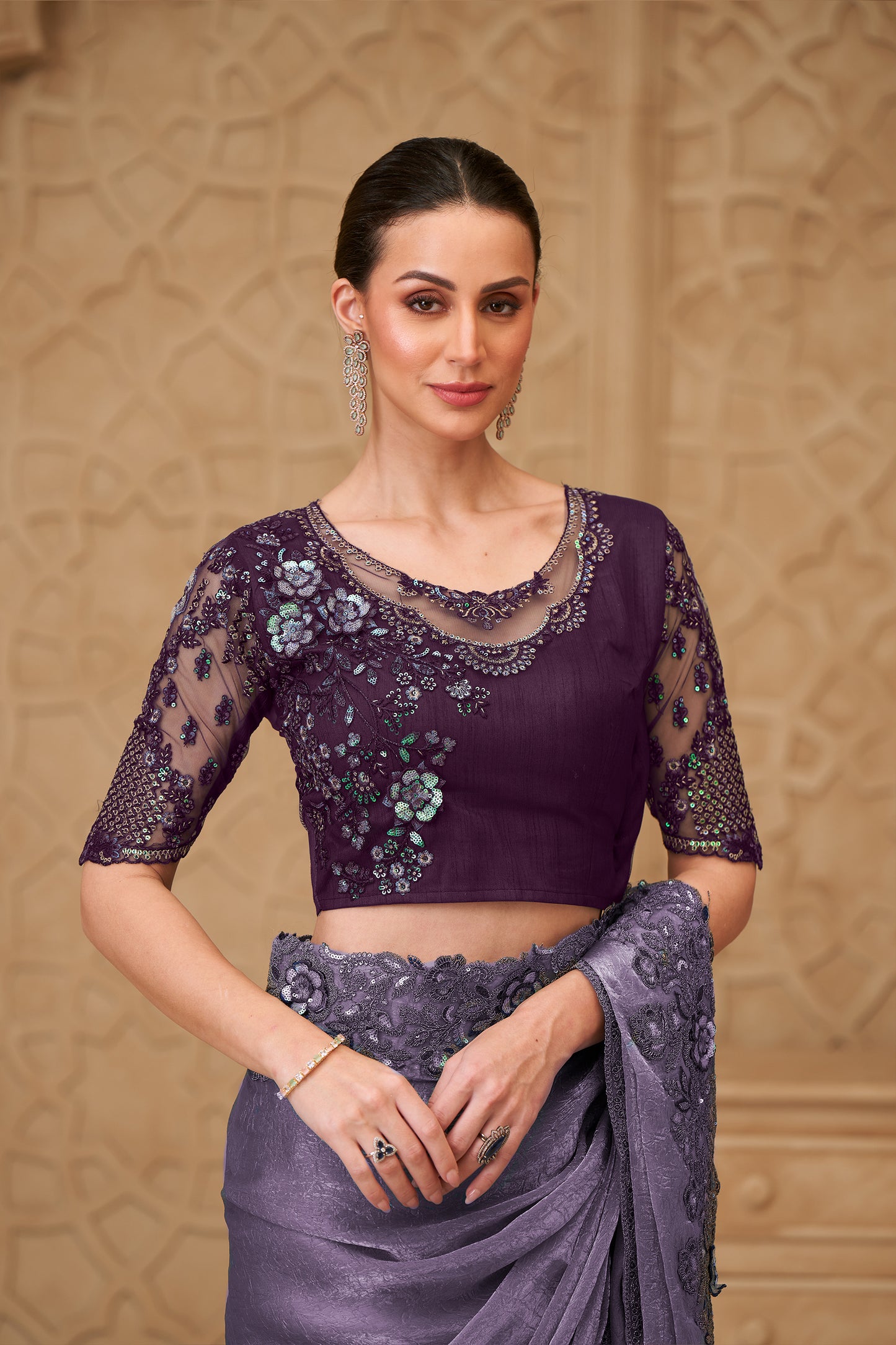 Lavender Embroidered Crush Satin Georgette Saree-SAR12463_3_SareeButa.com