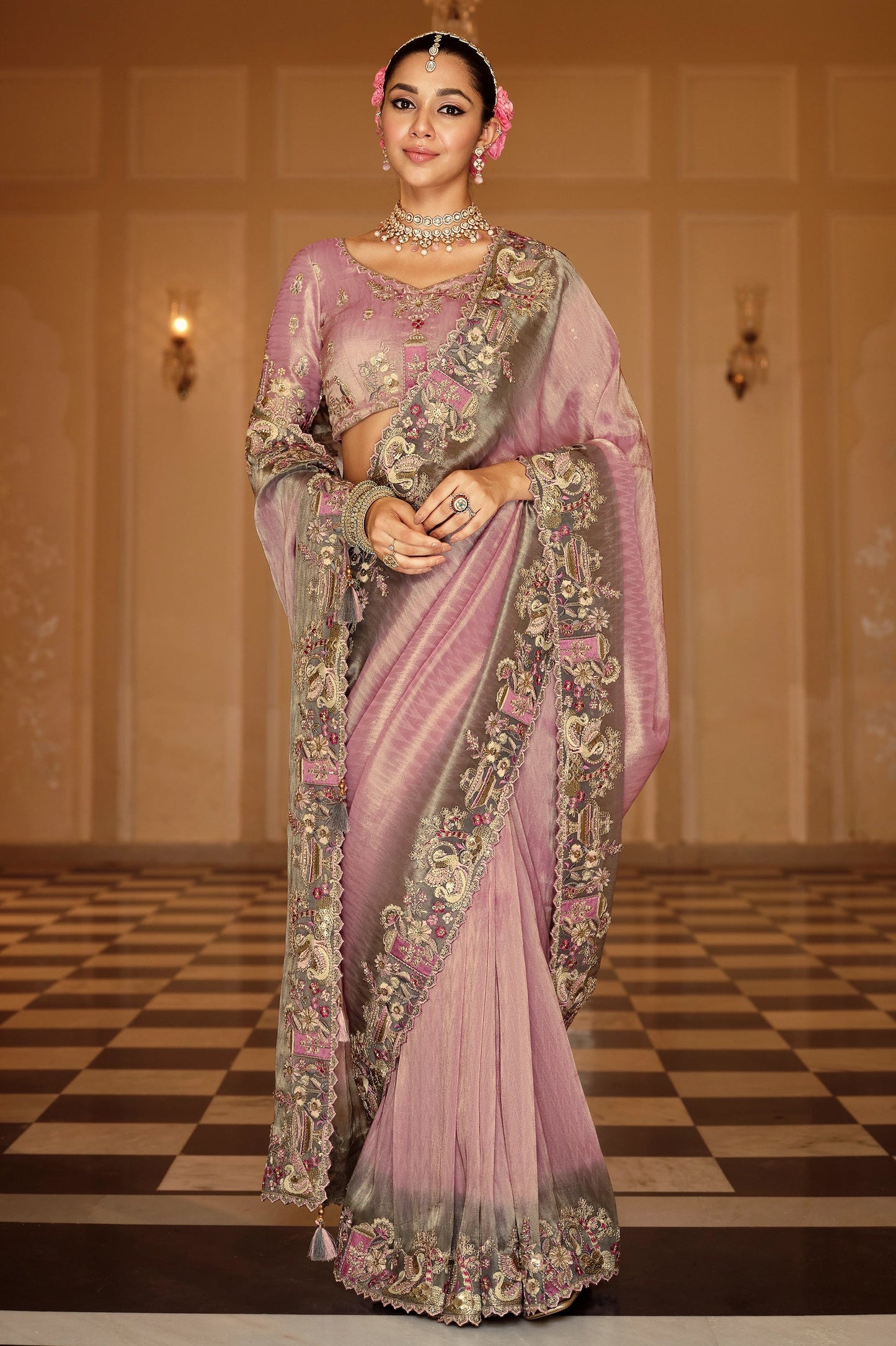 Lavender Embroidered Jacquard Viscose Silk Saree-SAR10371_1_SareeButa.com