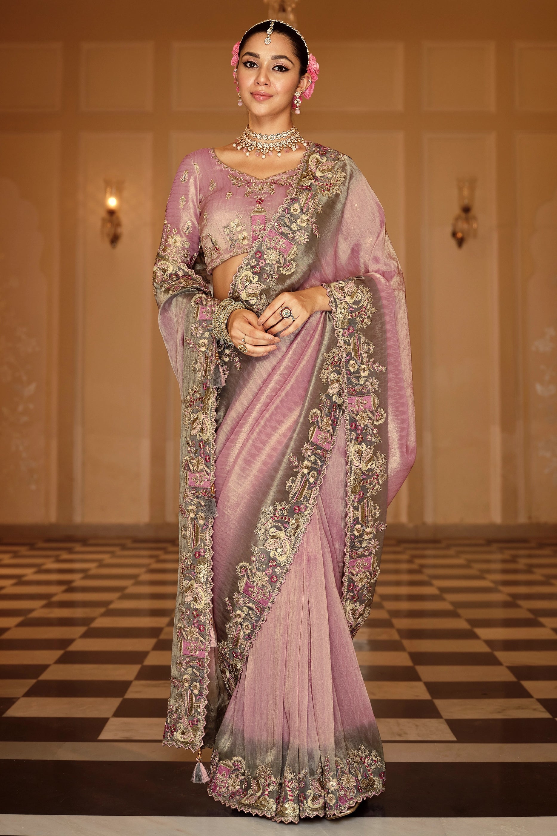 Lavender Embroidered Jacquard Viscose Silk Saree-SAR10371_1_SareeButa.com
