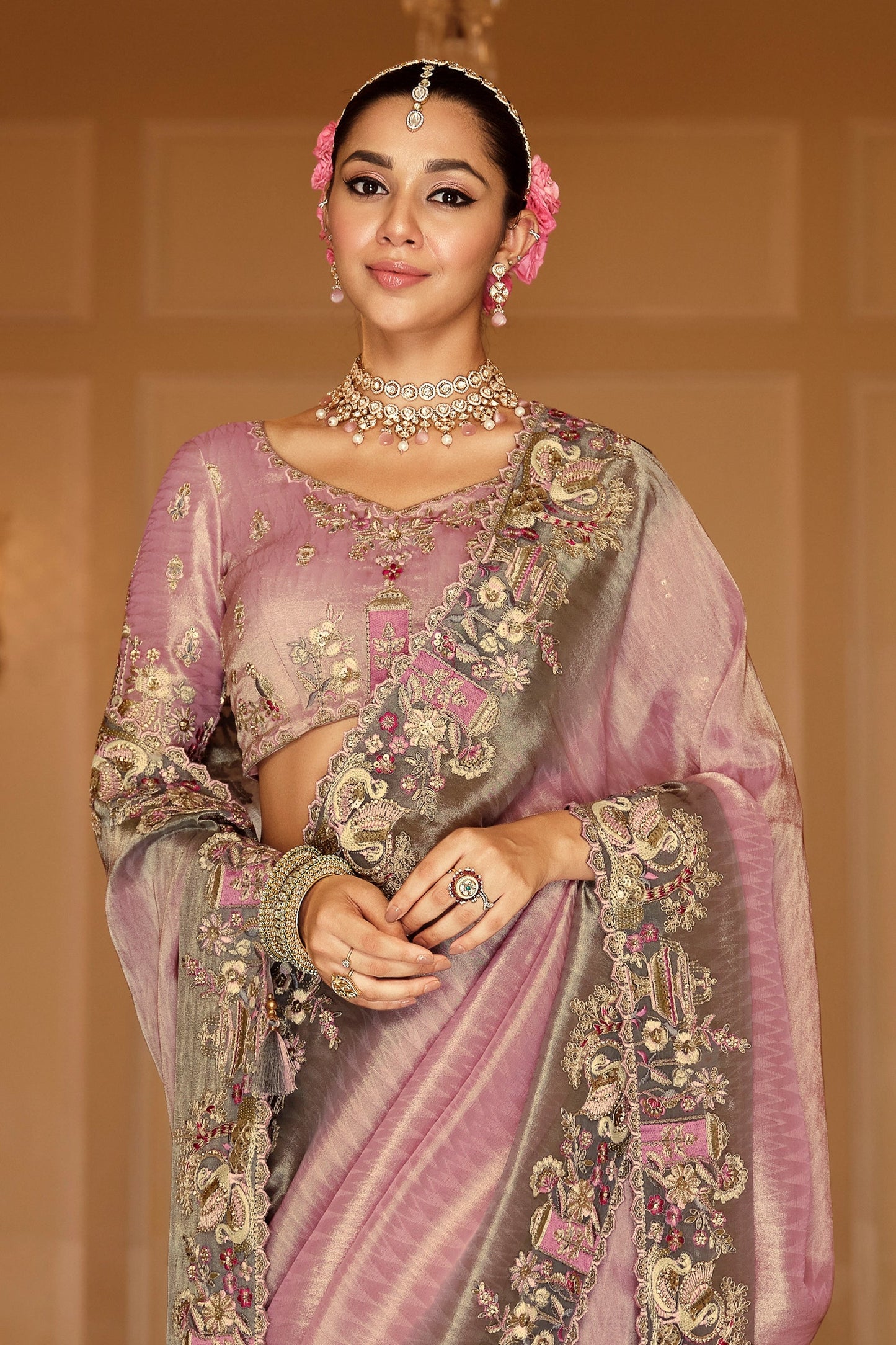 Lavender Embroidered Jacquard Viscose Silk Saree-SAR10371_3_SareeButa.com