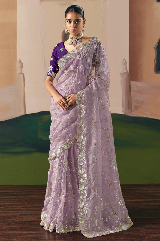 Lavender Embroidered Organza Saree-SAR10548_1_SareeButa.com