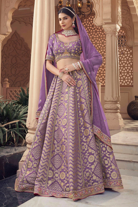 Lavender Embroidered Semi-Stitched Viscose Silk Lehenga-SAR10349_1_SareeButa.com