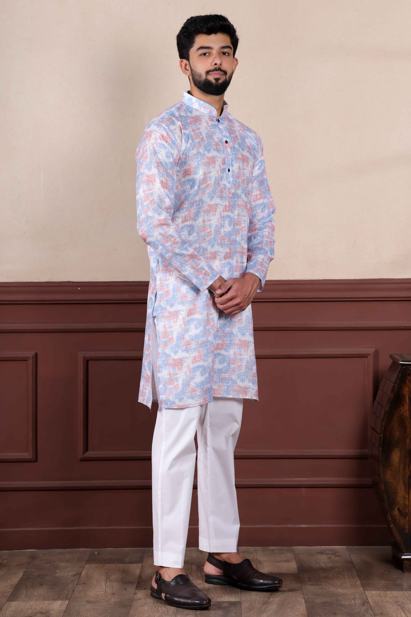 Lavender Printed Linen Kurta Pajama-MW69_4_SareeButa.com