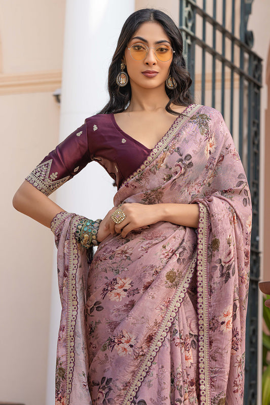 Lavender Printed Viscose Silk Saree with Lace Border-ZB134628_2_SareeButa.com