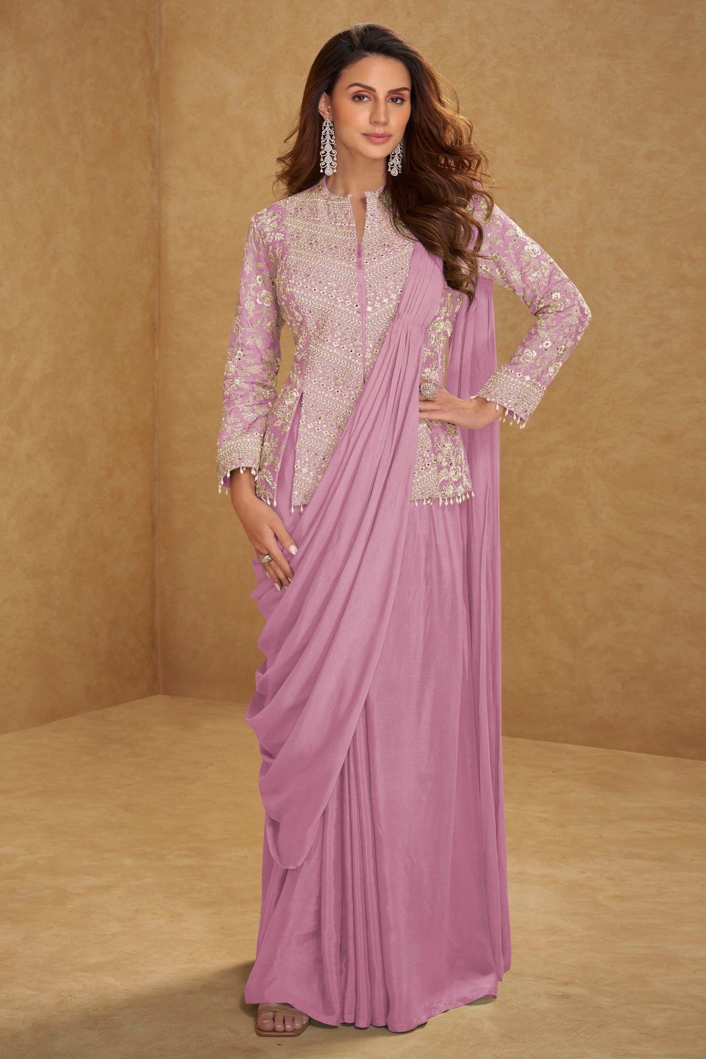 Lavender Readymade Chinon Skirt Set With Stitched Dupatta-SAR11540_1_SareeButa.com