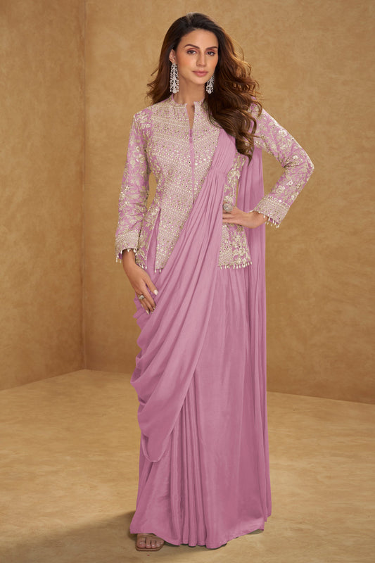 Lavender Readymade Chinon Skirt Set With Stitched Dupatta-SAR11540_1_SareeButa.com