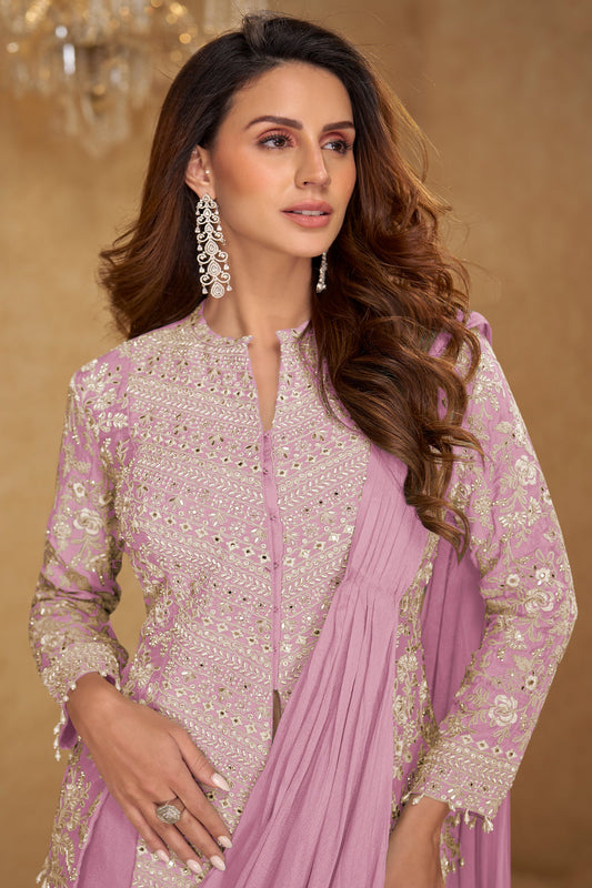 Lavender Readymade Chinon Skirt Set With Stitched Dupatta-SAR11540_2_SareeButa.com