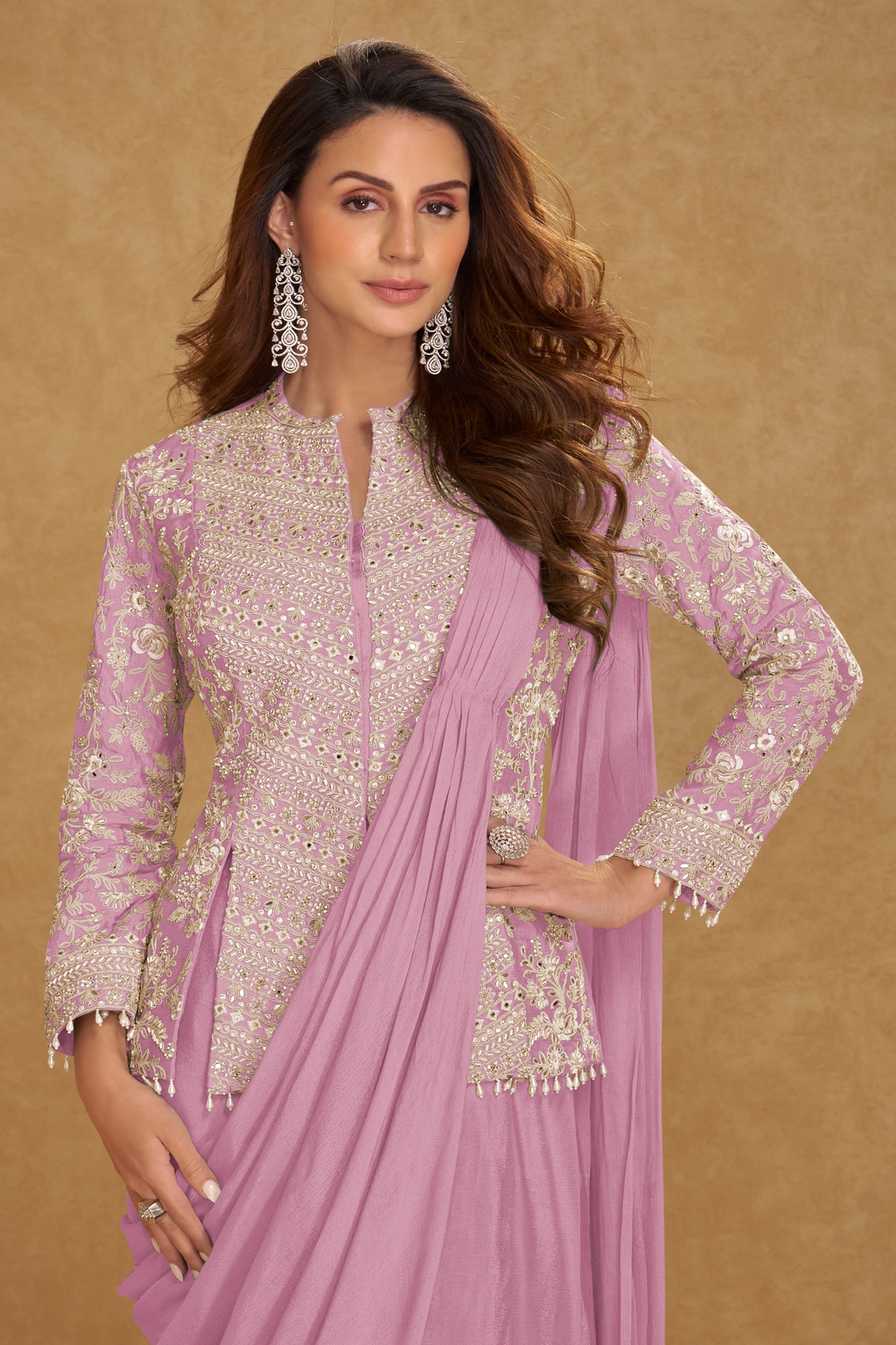 Lavender Readymade Chinon Skirt Set With Stitched Dupatta-SAR11540_3_SareeButa.com