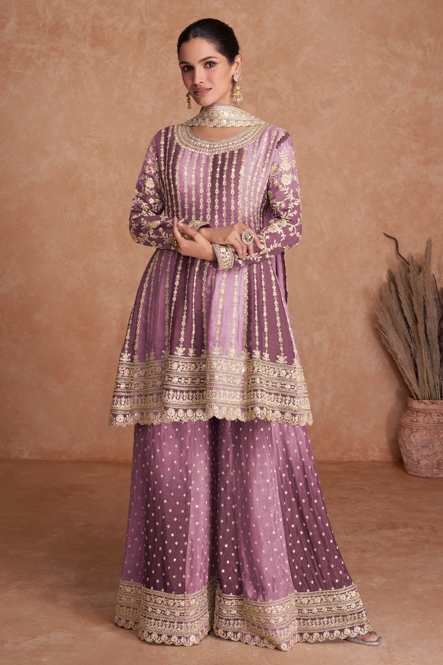 Lavender Readymade Embroidered Chinon A-line Suit-SAR10799_1_SareeButa.com
