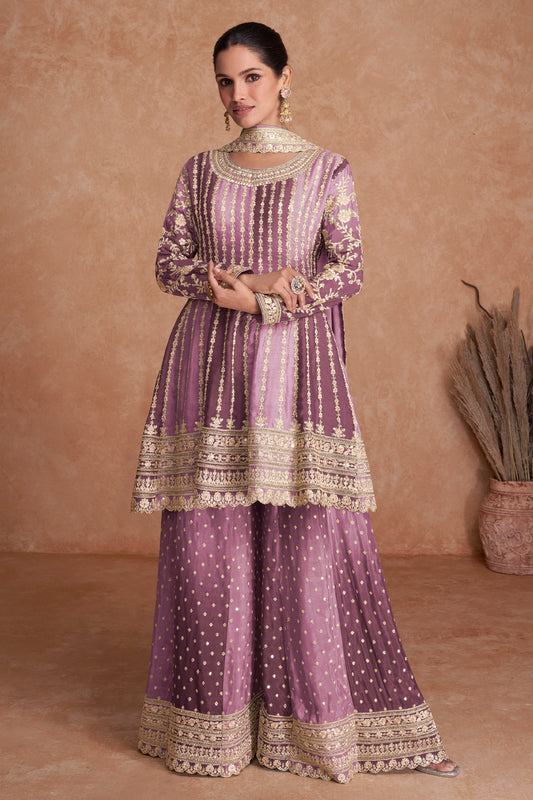 Lavender Readymade Embroidered Chinon A-line Suit-SAR10799_1_SareeButa.com