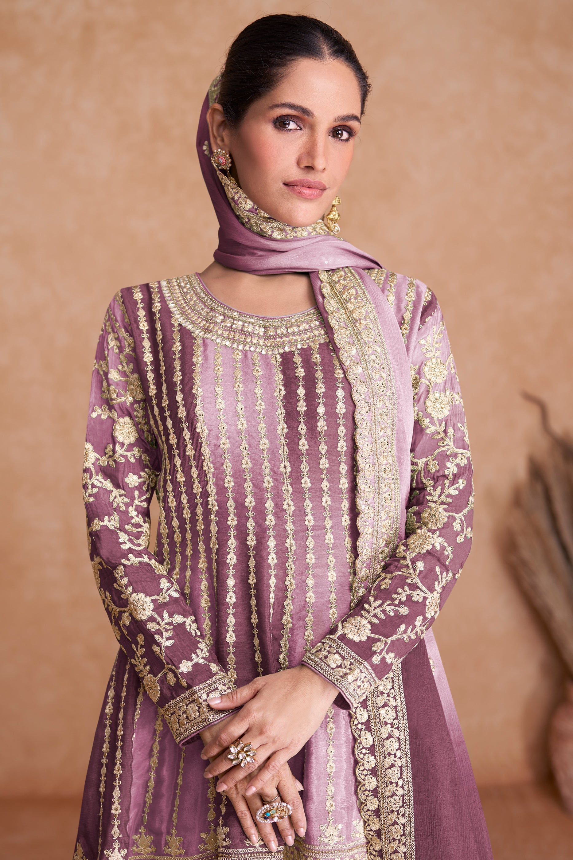 Lavender Readymade Embroidered Chinon A-line Suit-SAR10799_2_SareeButa.com