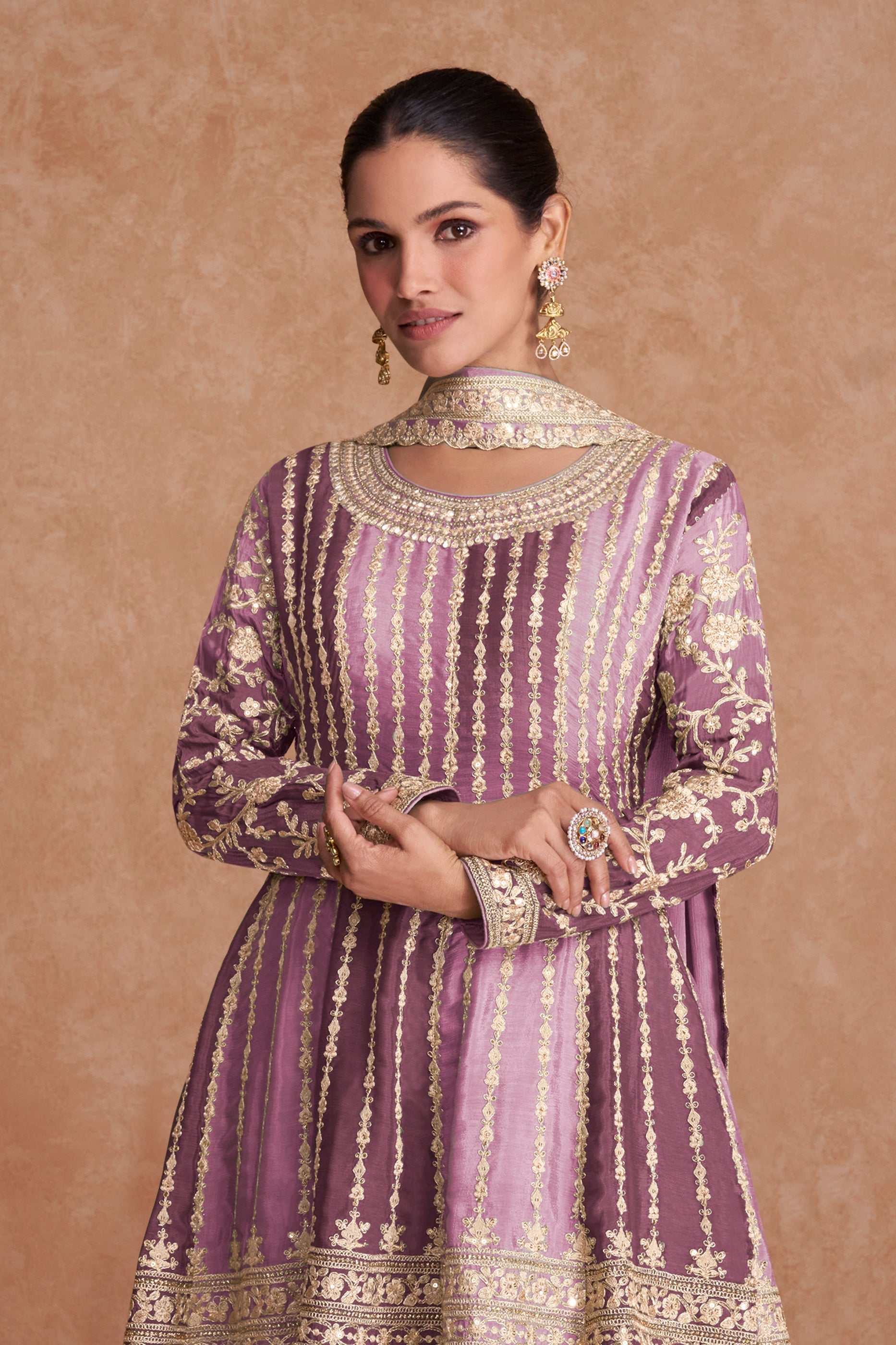 Lavender Readymade Embroidered Chinon A-line Suit-SAR10799_3_SareeButa.com