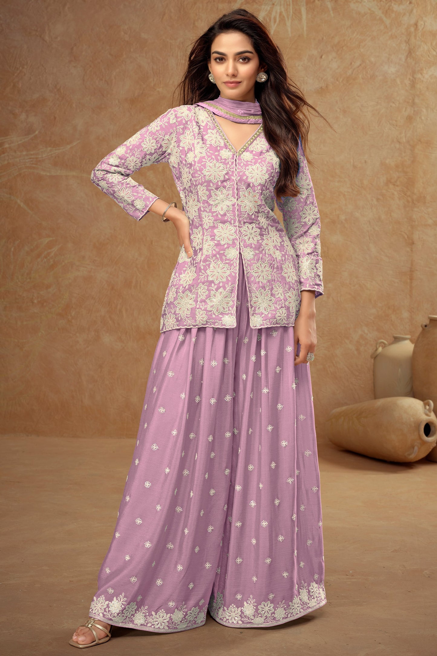 Lavender Readymade Embroidered Chinon Palazzo Suit-SAR10801_1_SareeButa.com
