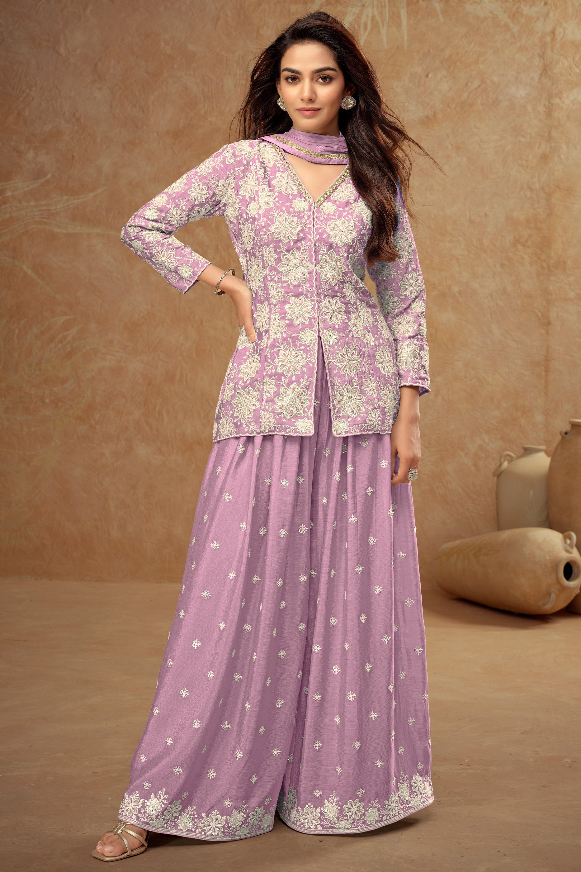 Lavender Readymade Embroidered Chinon Palazzo Suit-SAR10801_1_SareeButa.com