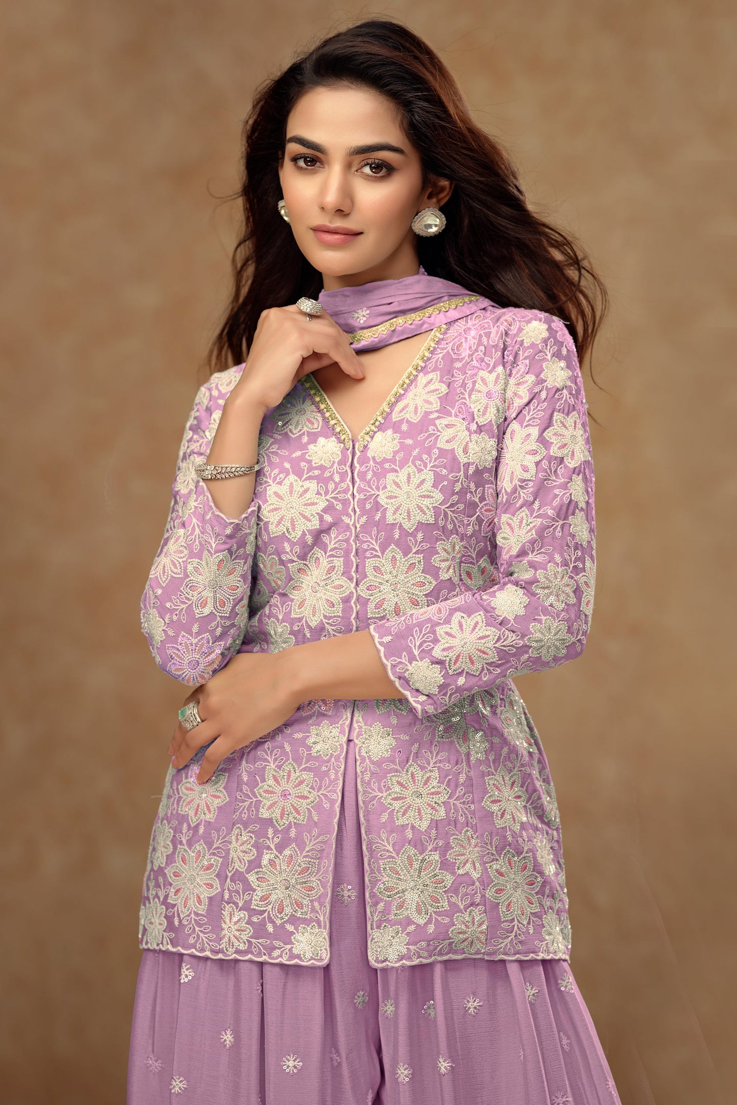 Lavender Readymade Embroidered Chinon Palazzo Suit-SAR10801_2_SareeButa.com