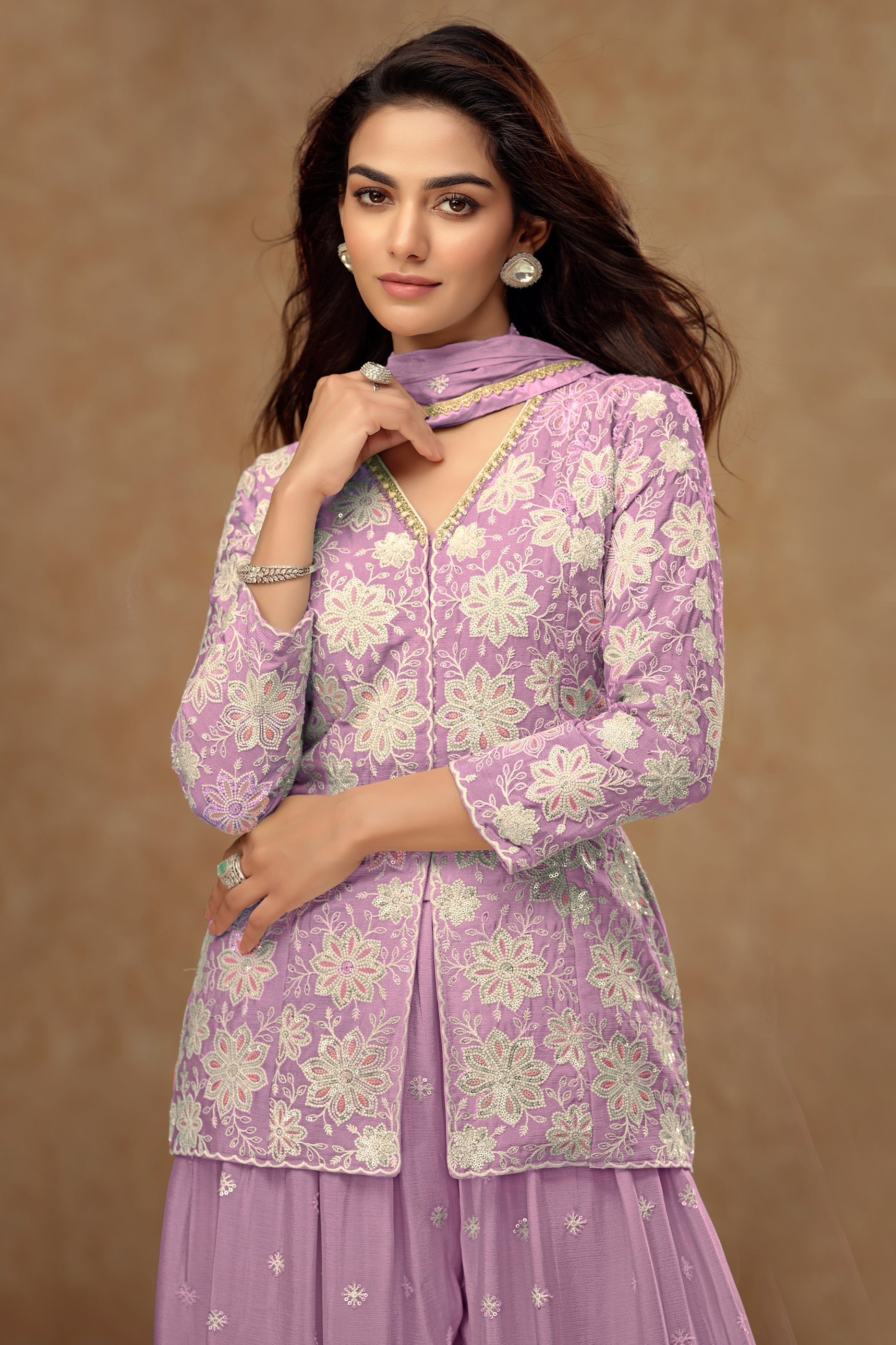 Lavender Readymade Embroidered Chinon Palazzo Suit-SAR10801_2_SareeButa.com