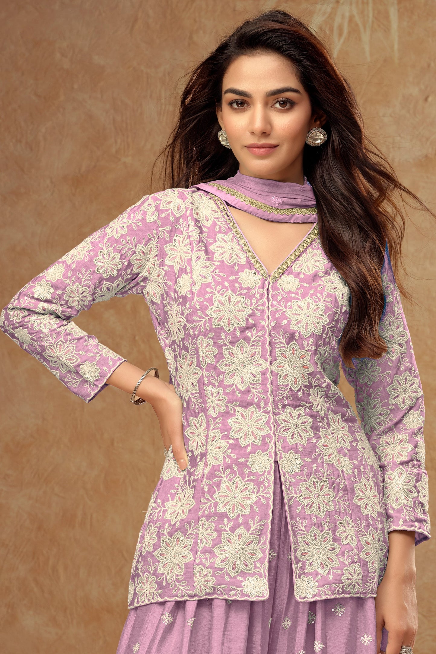 Lavender Readymade Embroidered Chinon Palazzo Suit-SAR10801_3_SareeButa.com