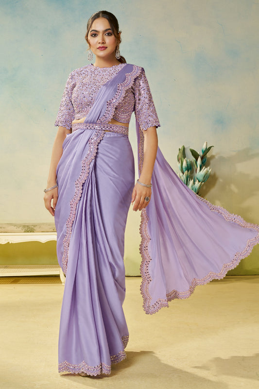 Lavender Satin Silk Readymade Saree-SAR11145_1_SareeButa.com