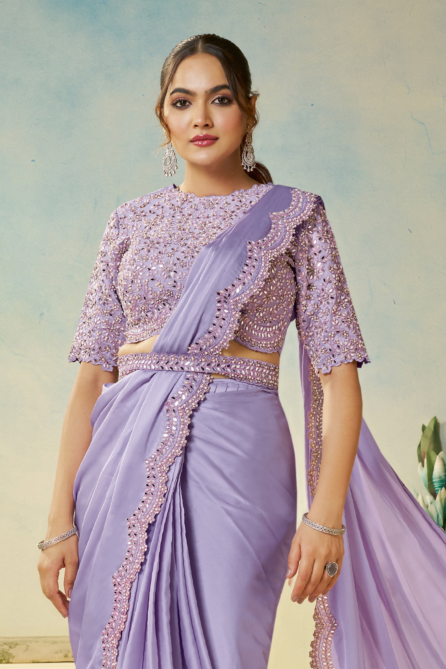 Lavender Satin Silk Readymade Saree-SAR11145_3_SareeButa.com