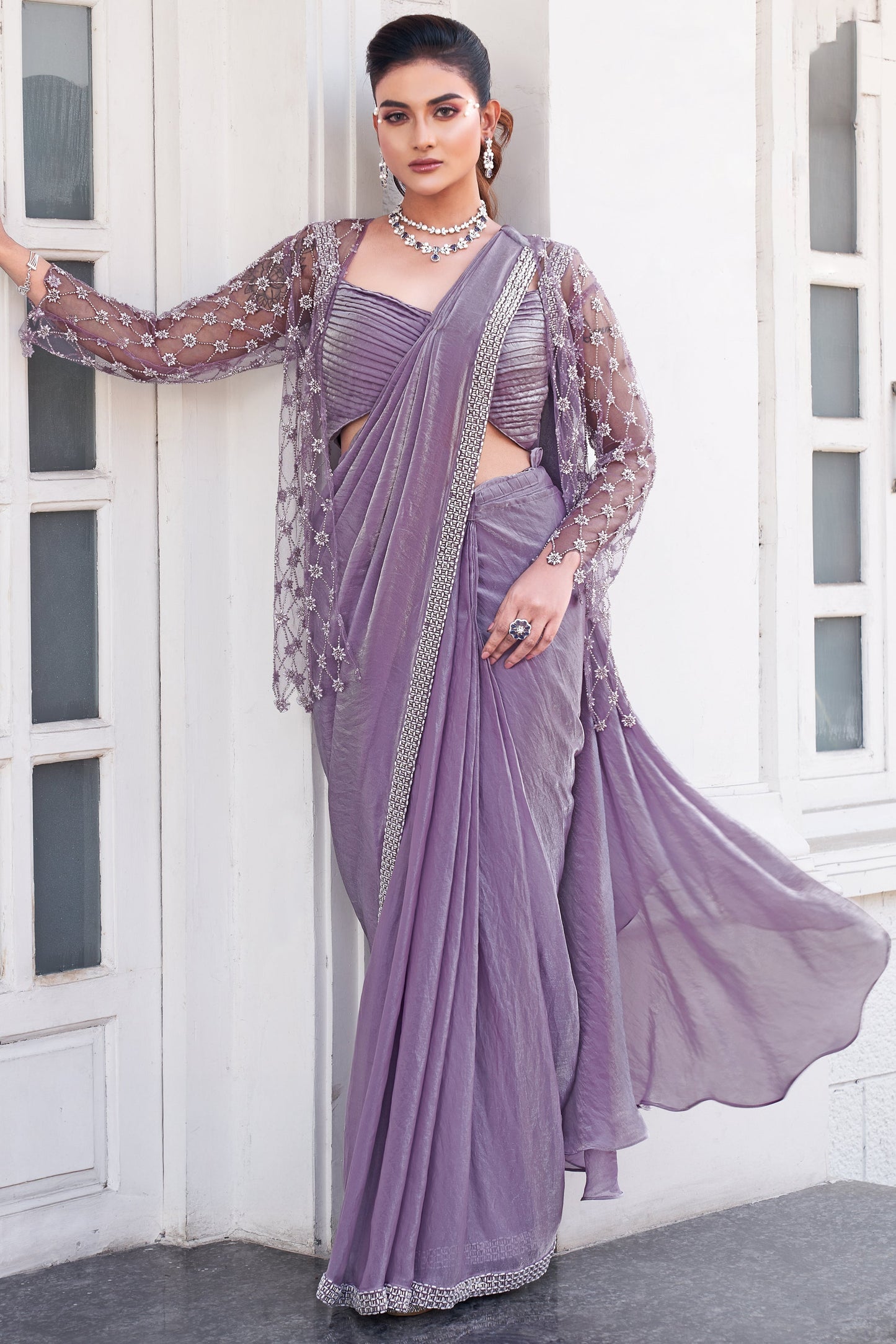 Lavender Satin Silk Readymade Saree with Stitched Blouse-ZB133993_1_SareeButa.com