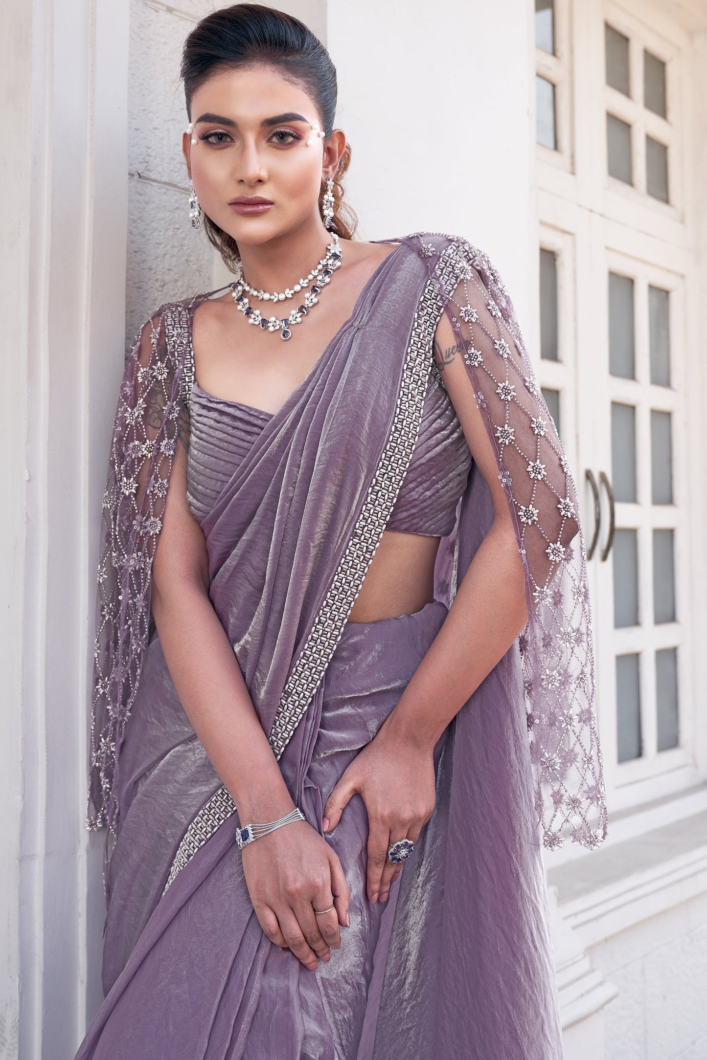 Lavender Satin Silk Readymade Saree with Stitched Blouse-ZB133993_2_SareeButa.com
