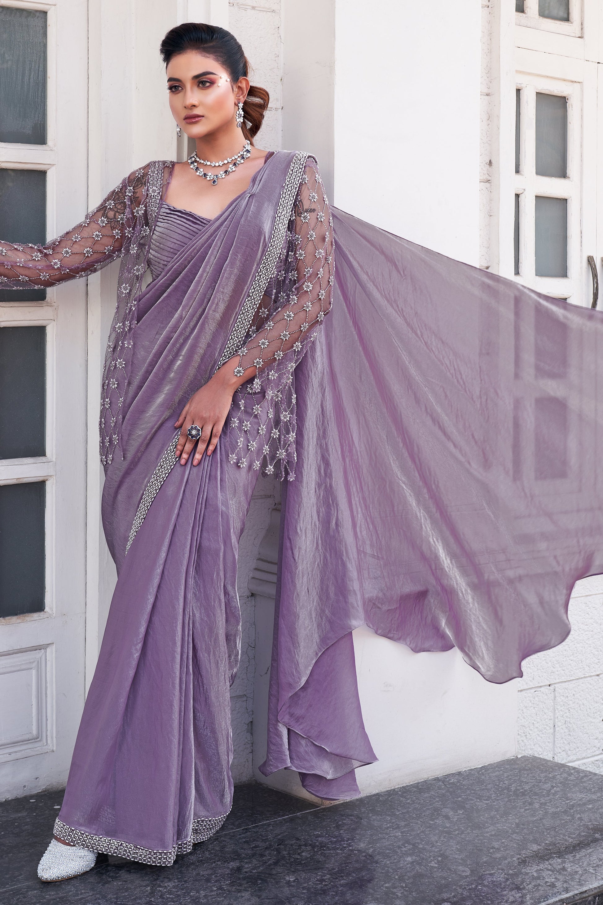Lavender Satin Silk Readymade Saree with Stitched Blouse-ZB133993_3_SareeButa.com