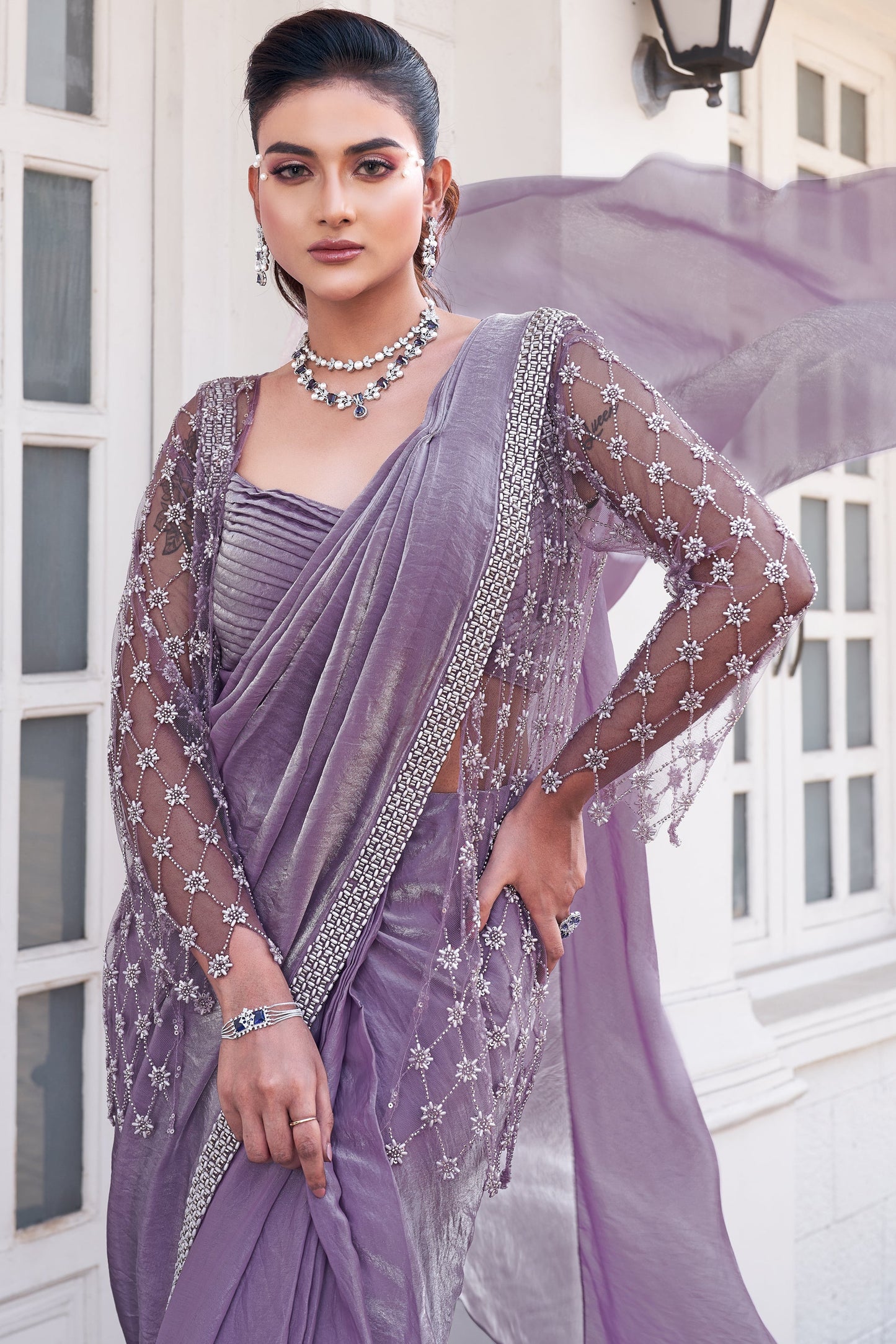Lavender Satin Silk Readymade Saree with Stitched Blouse-ZB133993_4_SareeButa.com