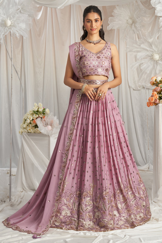 Lavender Semi-Stitched Embroidered Georgette Lehenga-SAR12838_1_SareeButa.com