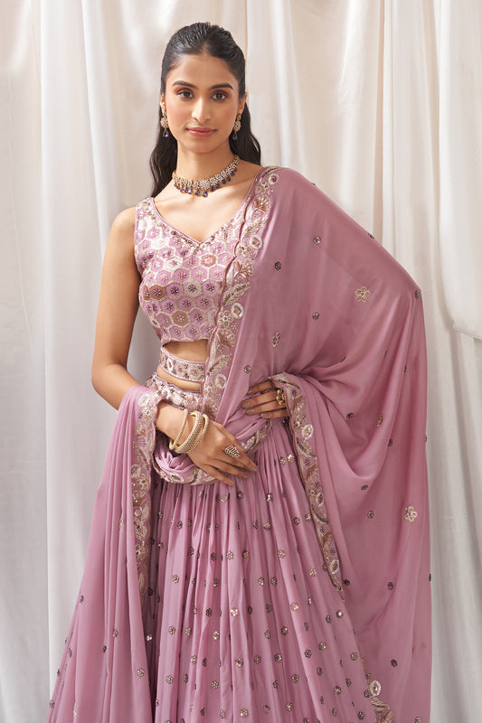 Lavender Semi-Stitched Embroidered Georgette Lehenga-SAR12838_2_SareeButa.com