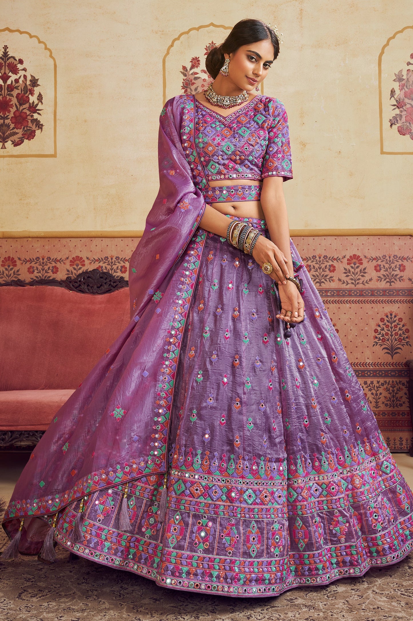 Lavender Readymade Embroidered Organza Lehenga-SAR10040_1_SareeButa.com